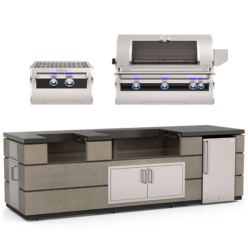 Outdoor kitchen island with black countertop, two doors, and built-in grill and burner