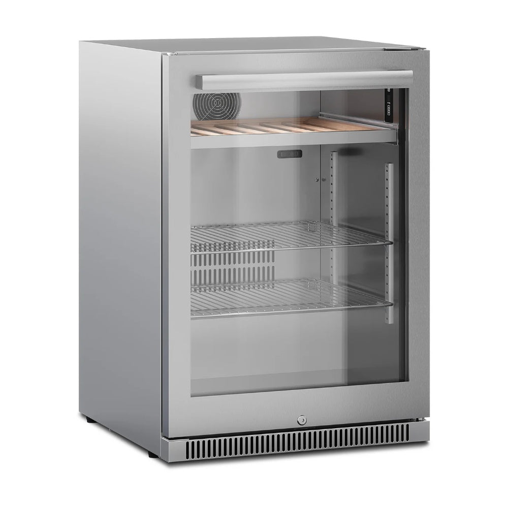24-inch outdoor beverage center with closed glass door and visible interior shelves