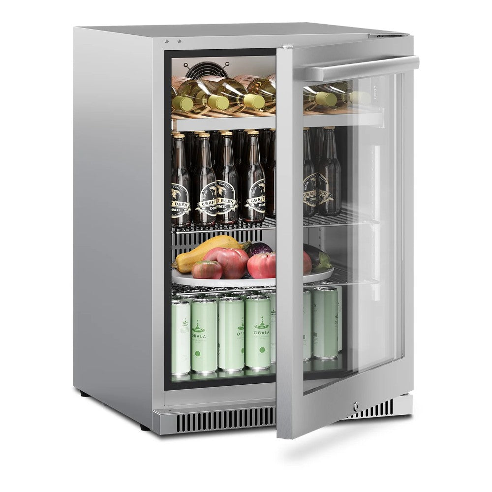 24-inch beverage center with open glass door and stocked bottle-and-can shelves
