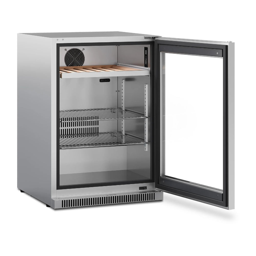 24-inch outdoor beverage center with open glass door and adjustable wire shelves