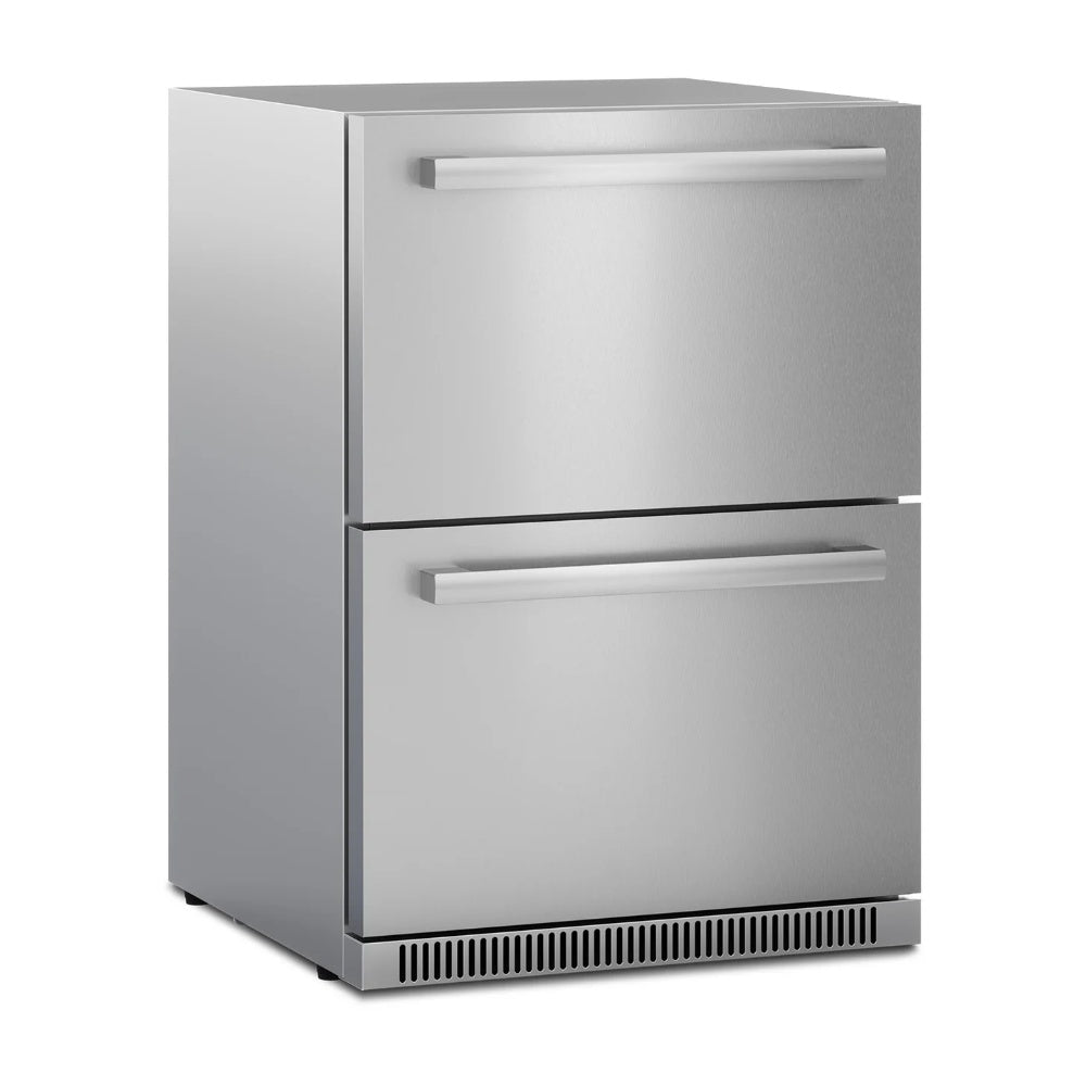 Outdoor double-drawer refrigerator, stainless steel finish, two front drawers with handles