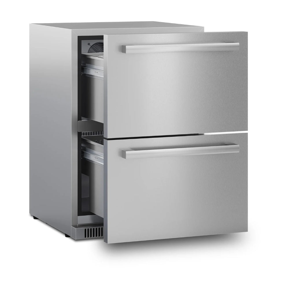 Outdoor double-drawer refrigerator with door open, interior shelves and compartments visible