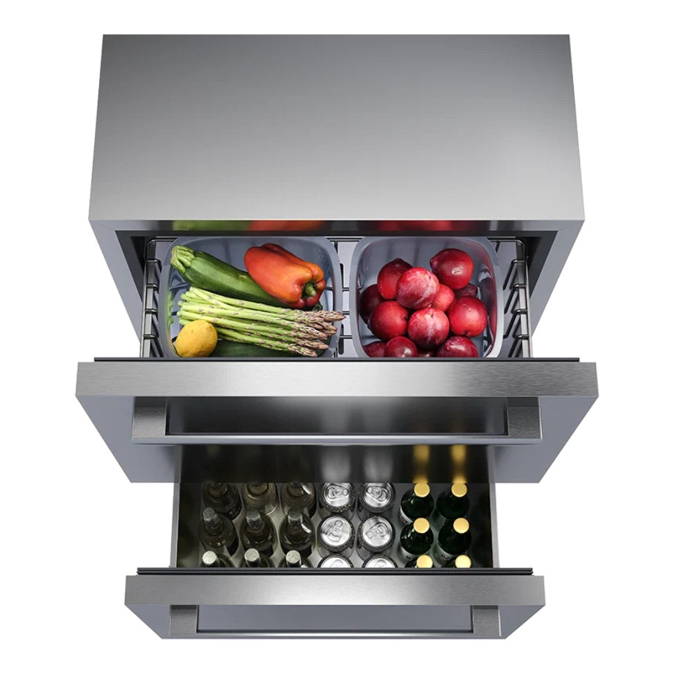 Outdoor refrigerator open interior with vegetables, fruit, and bottle storage compartments