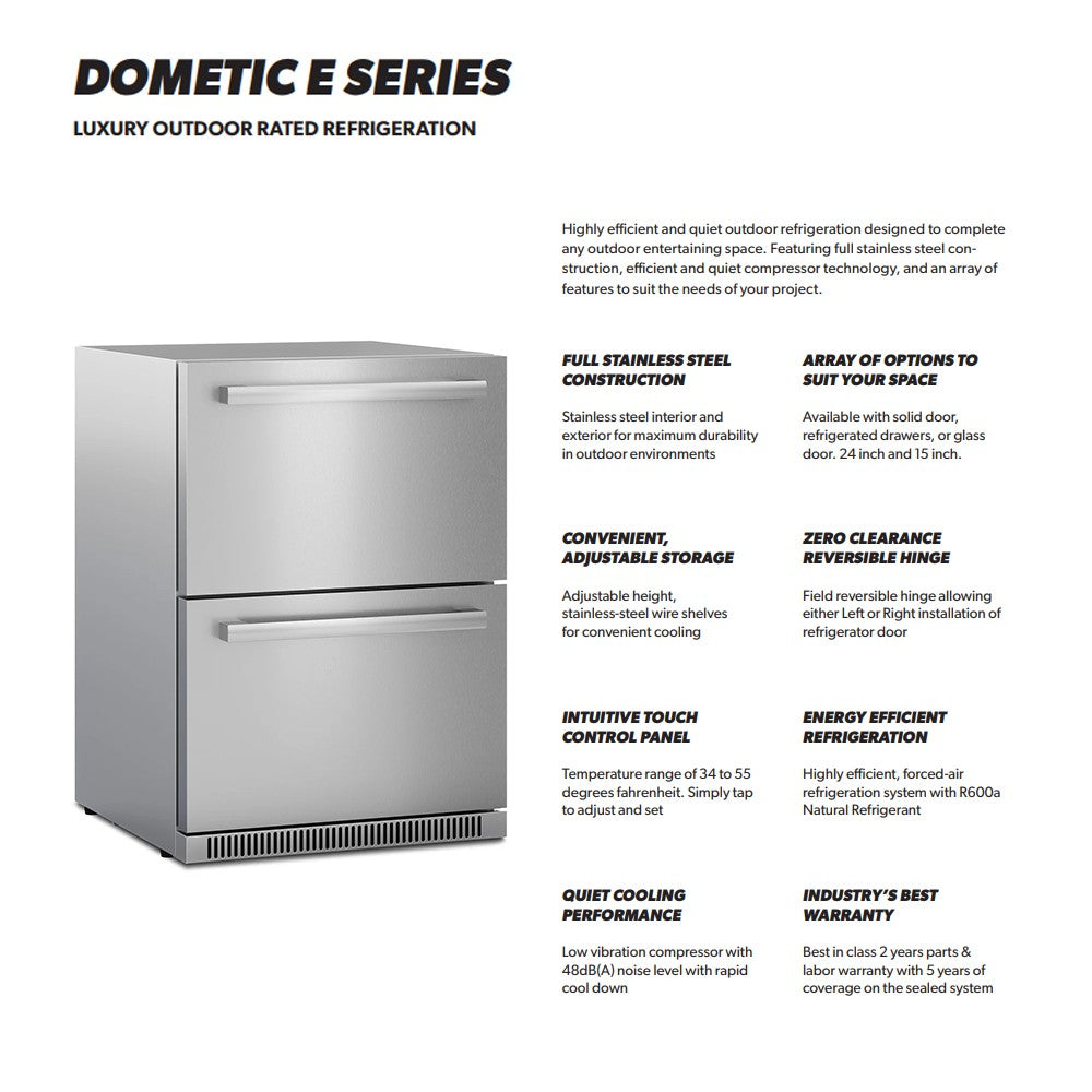 Outdoor double-drawer refrigerator product feature graphic with front view of the unit