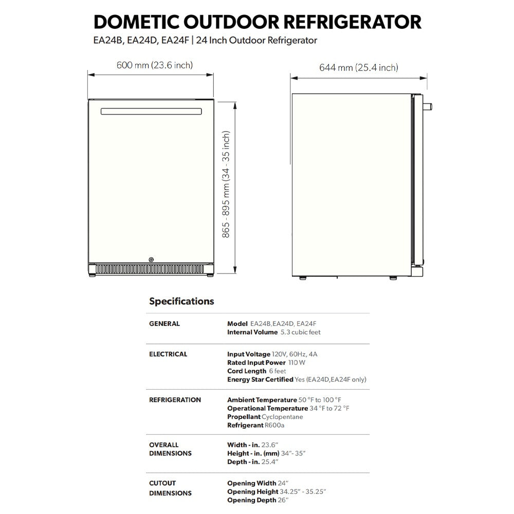 Outdoor refrigerator dimensions diagram with front and side measurement outlines