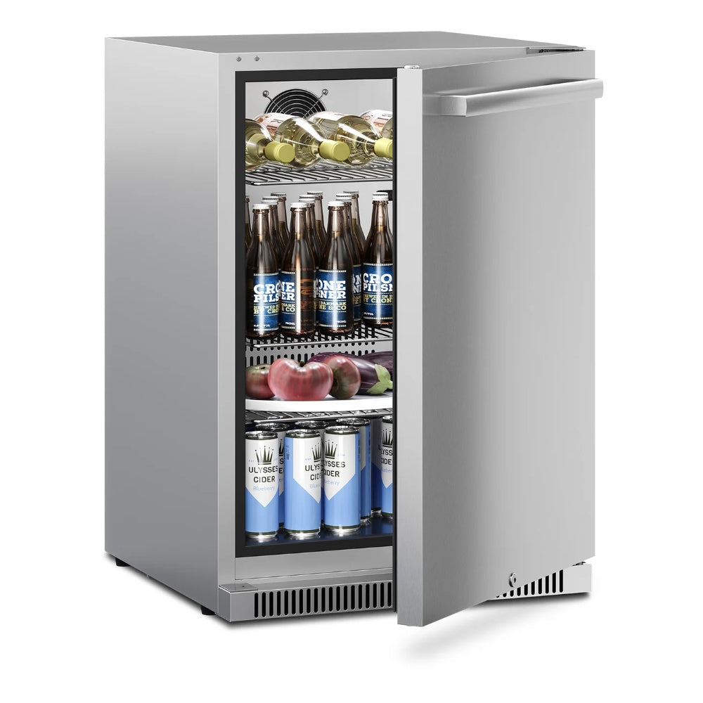 Outdoor refrigerator with open door, bottle storage shelves, and interior fan grille