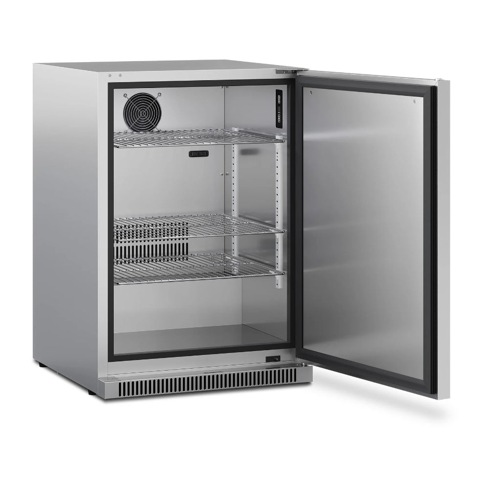 Outdoor refrigerator with open door showing metal shelves, wire racks, and interior fan