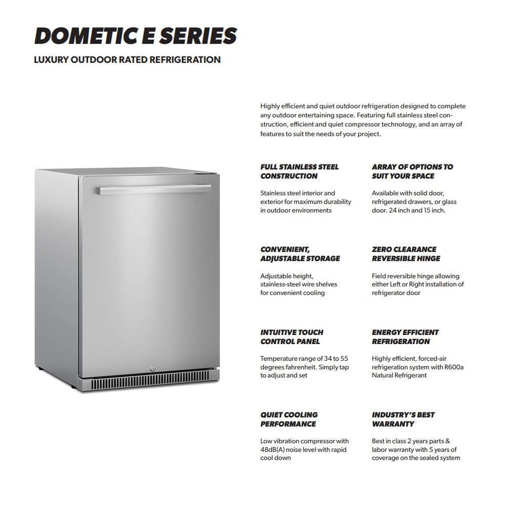 Stainless steel outdoor refrigerator with adjustable storage and front touch control panel