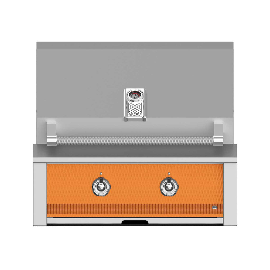 Built-in gas grill with stainless frame, orange front panel, and two control knobs