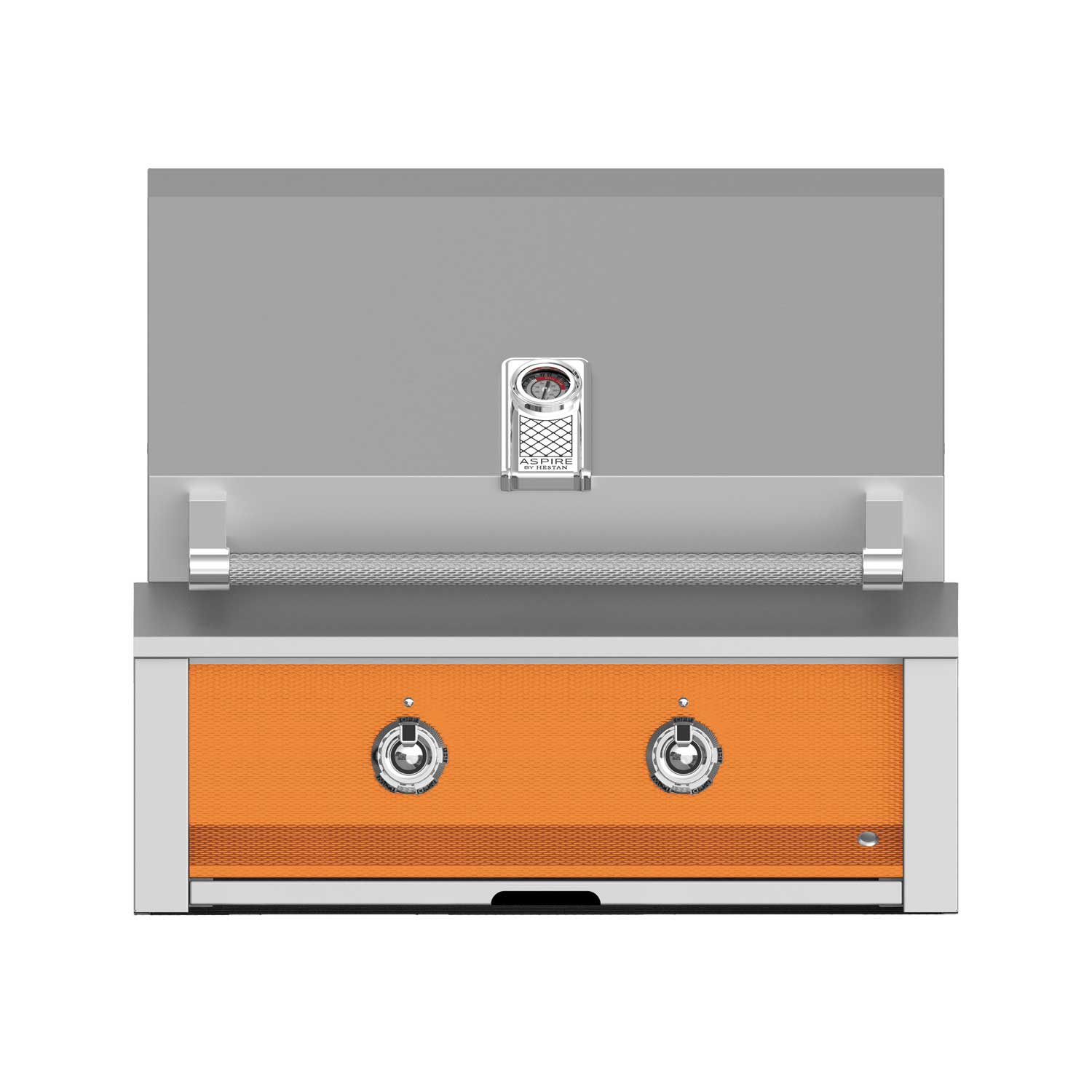 Built-in gas grill with stainless frame, orange front panel, and two control knobs