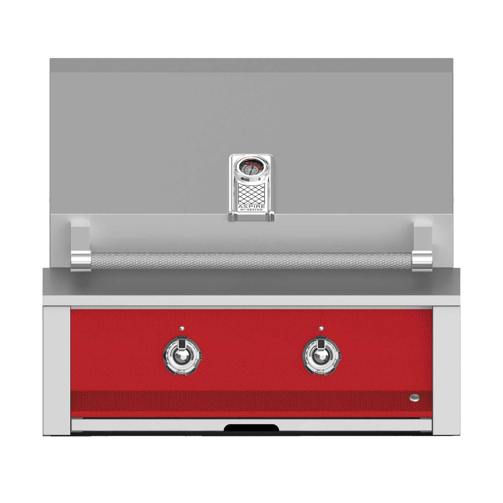Built-in gas grill with stainless frame, red front panel, and two control knobs