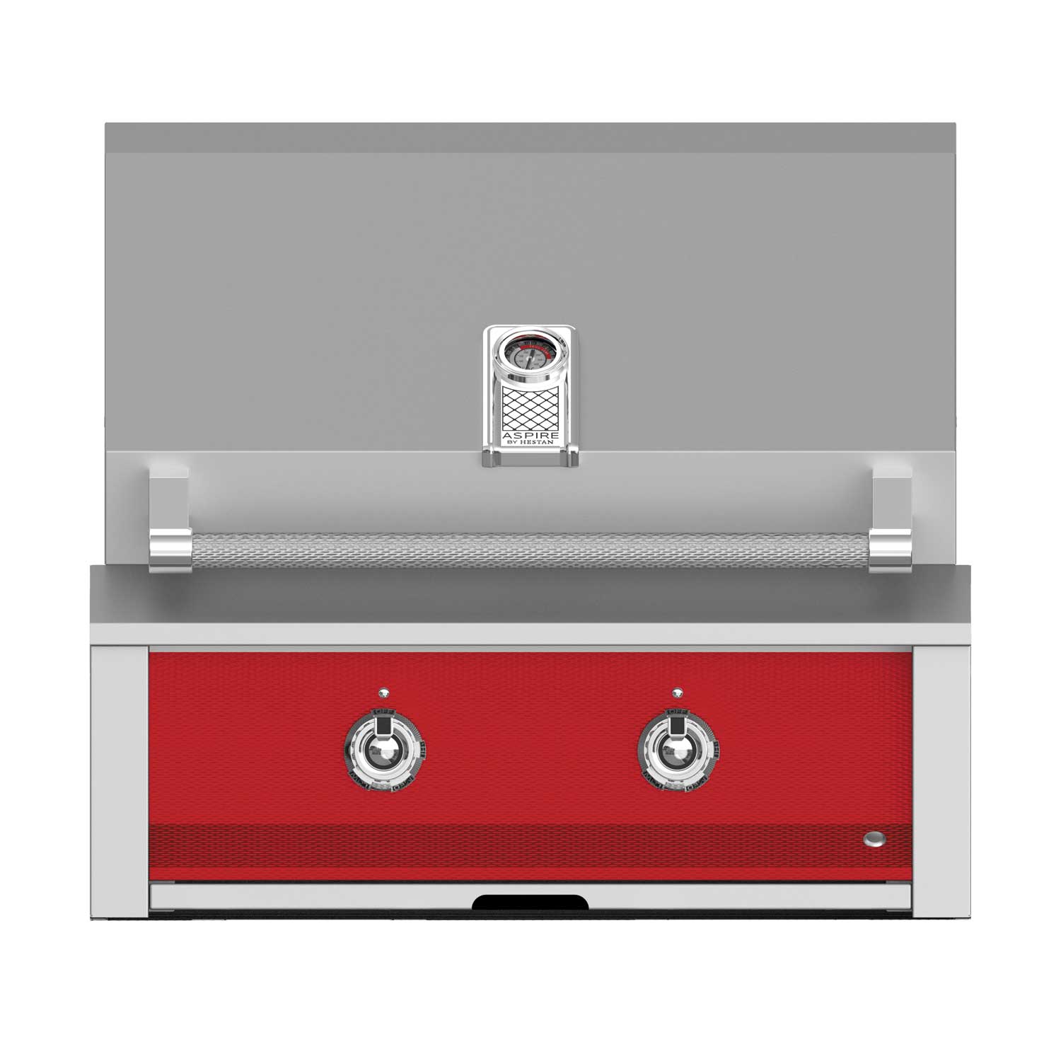 Built-in gas grill with stainless frame, red front panel, and two control knobs