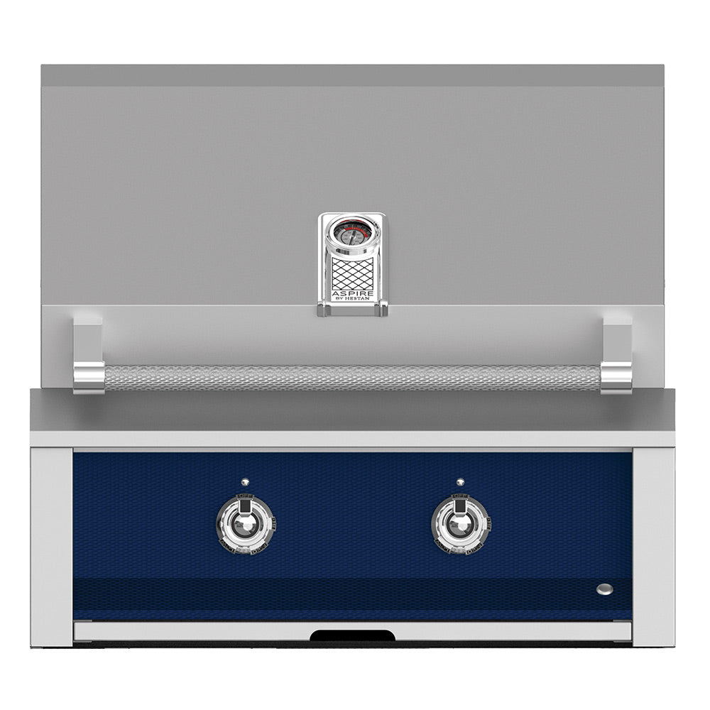 Built-in gas grill with stainless frame, dark blue front panel, and two control knobs