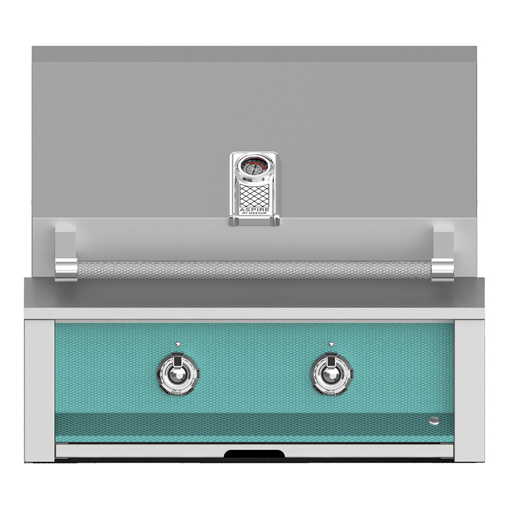 Aspire by Hestan built-in gas grill with teal control panel and two knobs