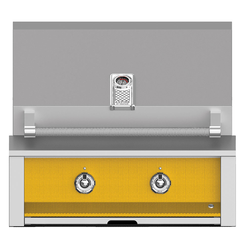Aspire by Hestan built-in gas grill with yellow control panel and two knobs