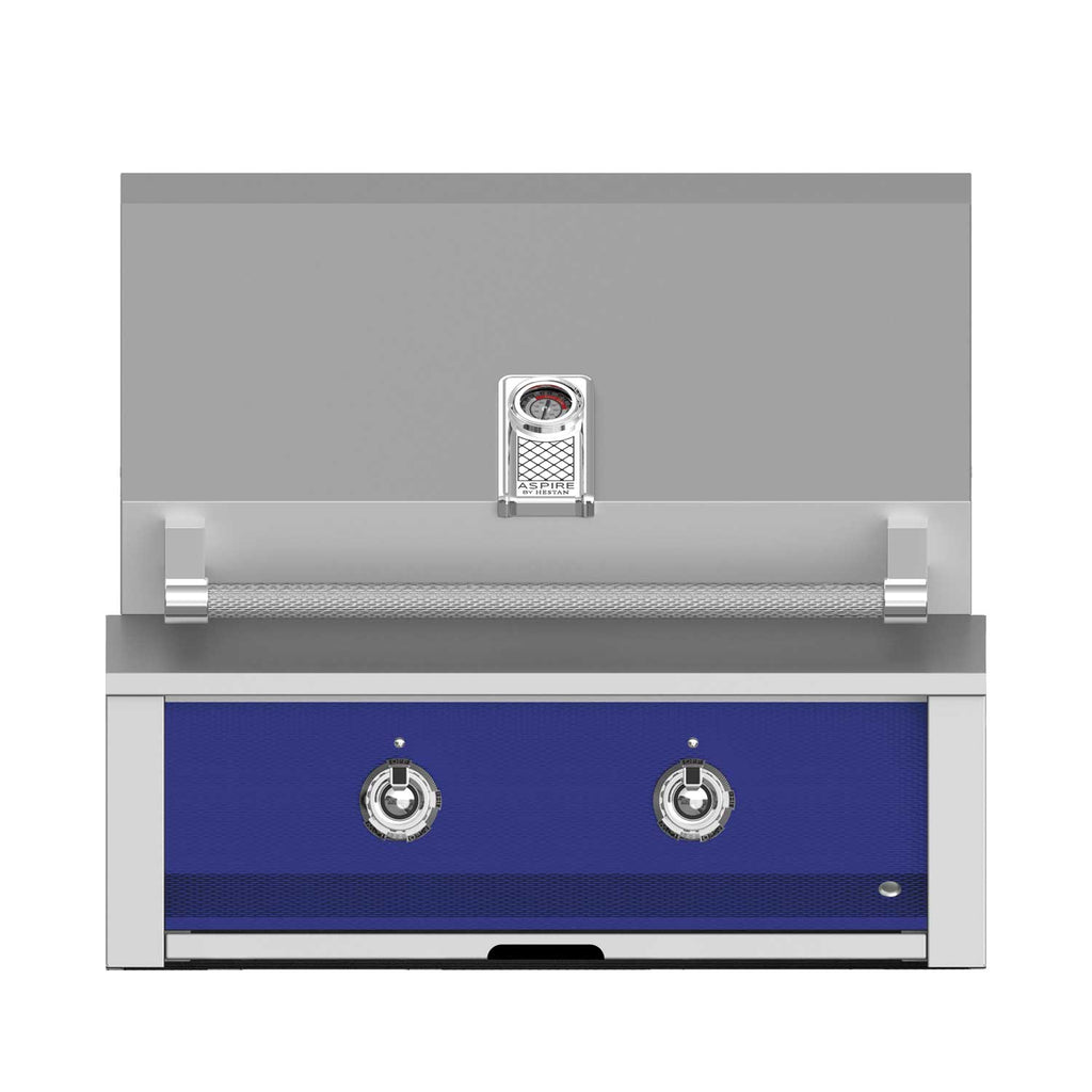 Built-in gas grill with stainless frame, blue front panel, and two control knobs