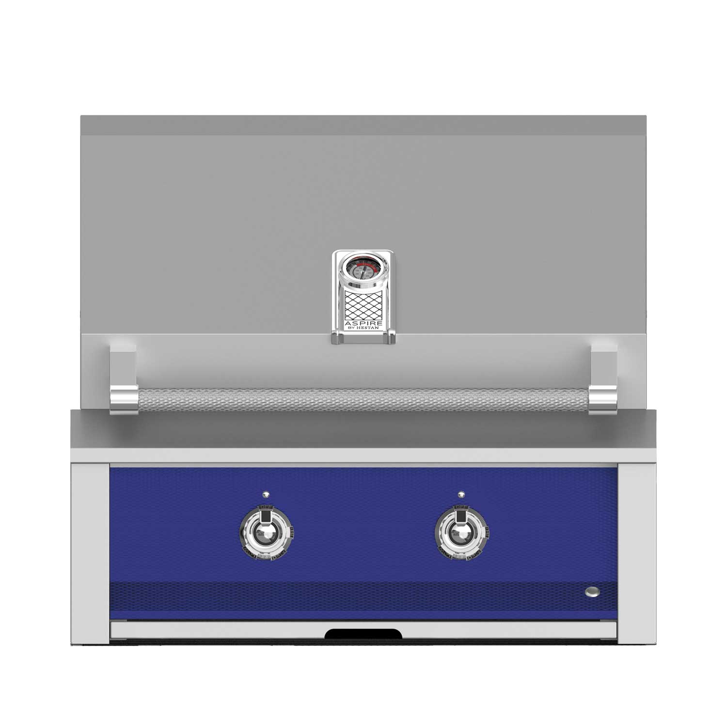 Built-in gas grill with stainless frame, blue front panel, and two control knobs
