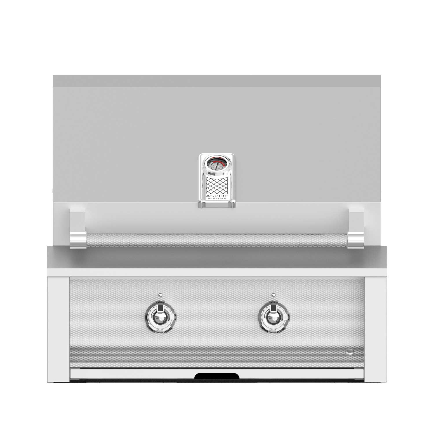 Built-in gas grill front with two chrome control knobs, mesh burner panel, stainless hood