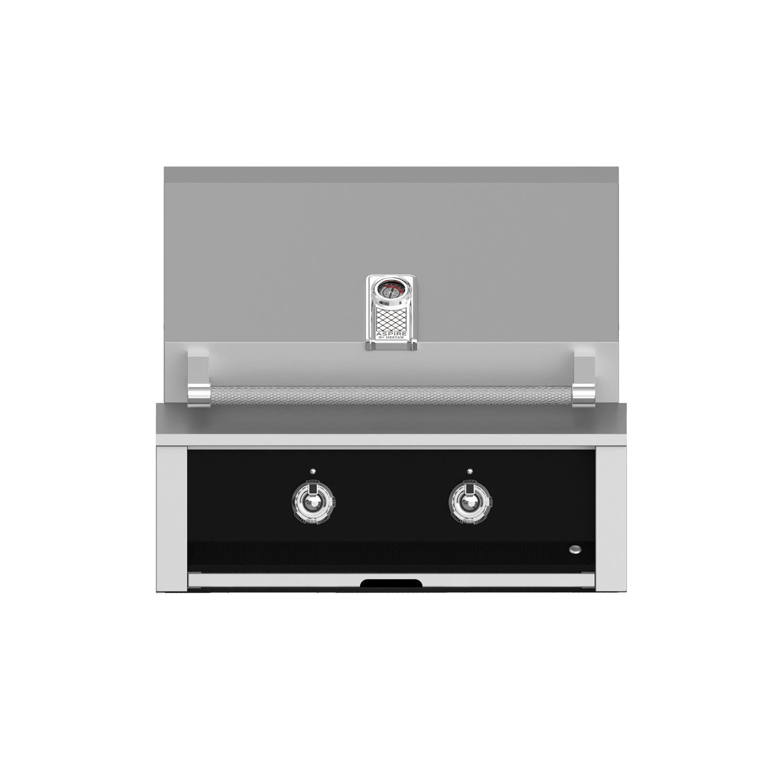 Built-in gas grill with stainless frame, black front panel, and two control knobs