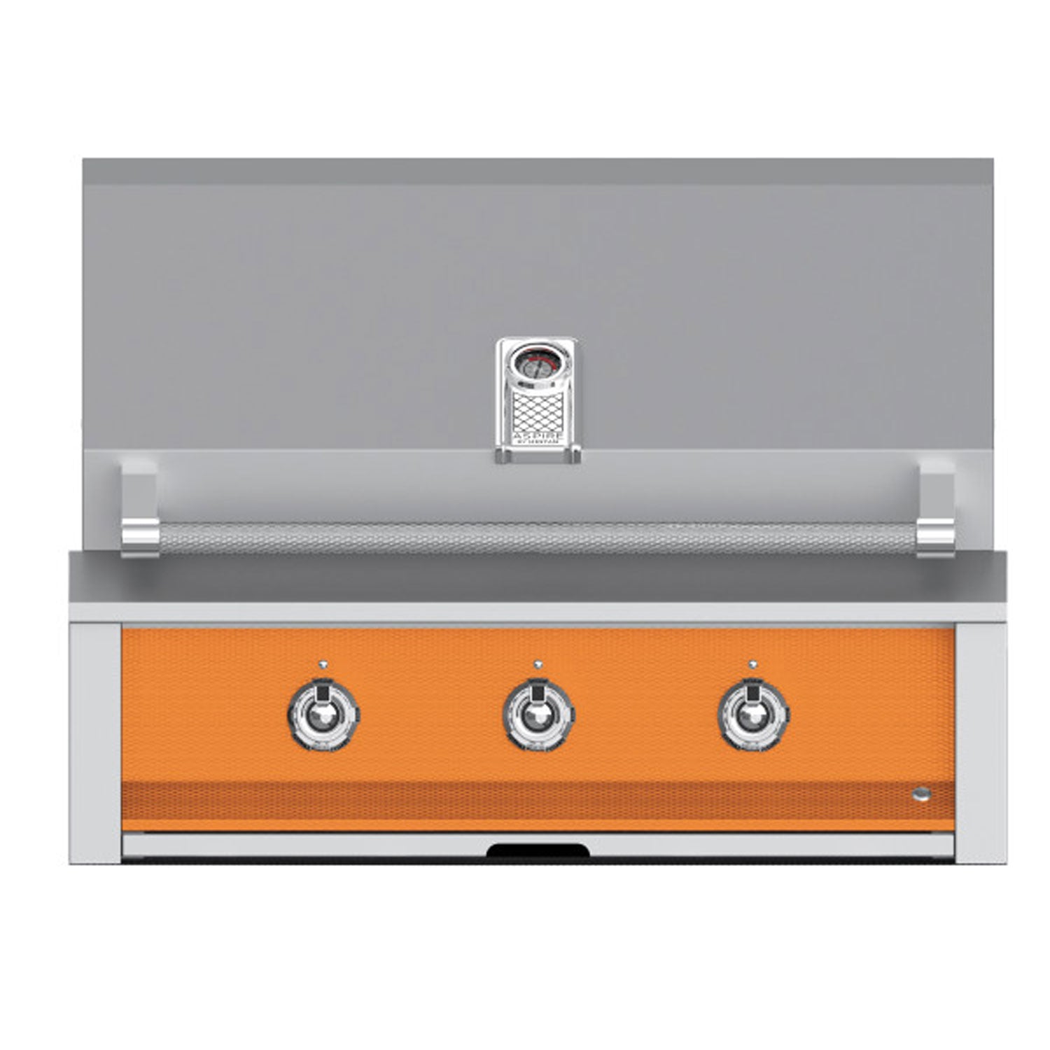 Built-in gas grill with orange front panel, four control knobs, and side ignition housing