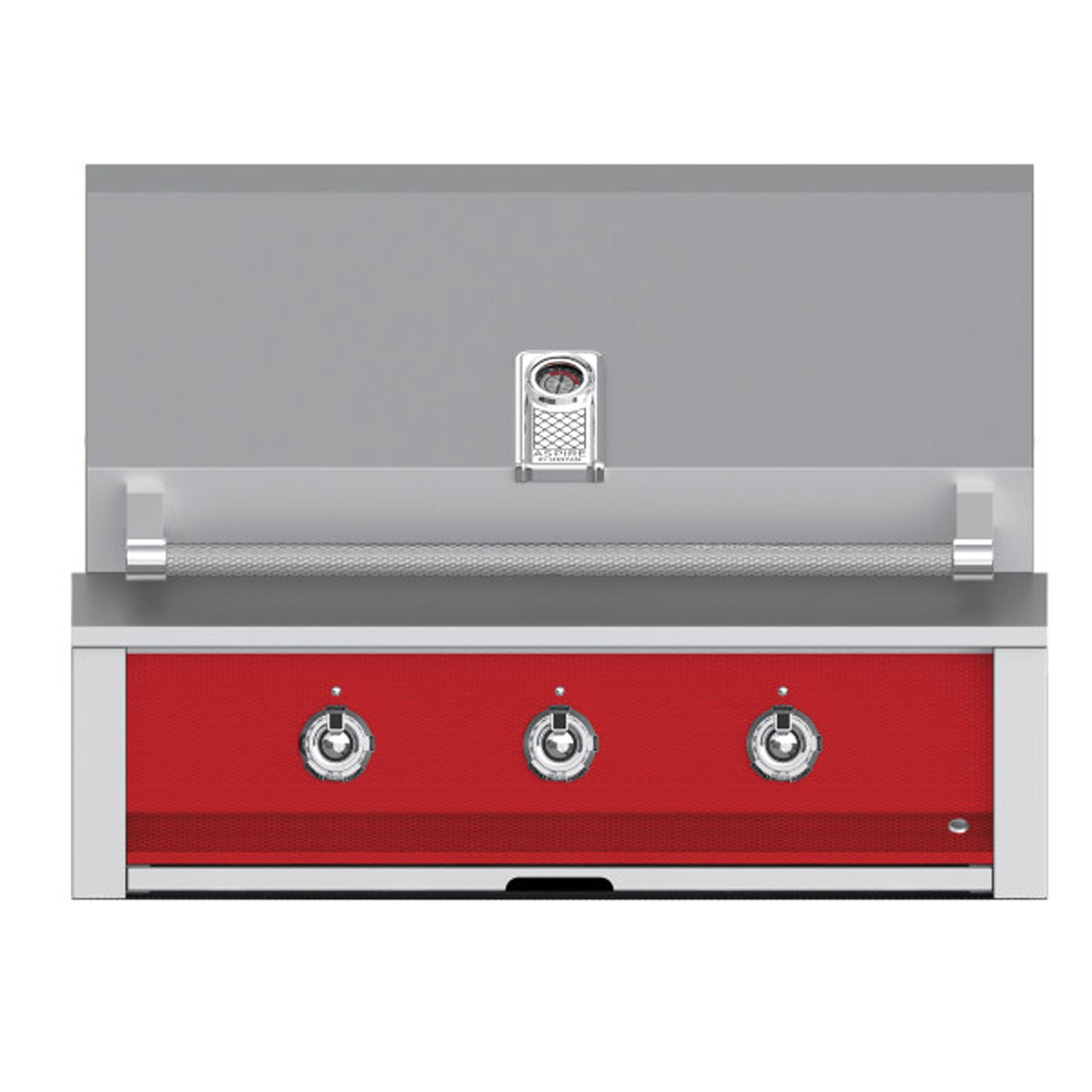 Built-in gas grill front with red control panel and three round control knobs