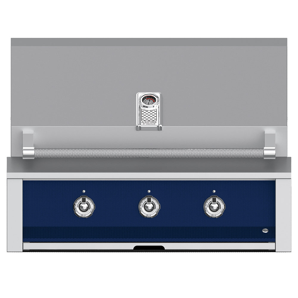 Built-in gas grill with blue control panel and three visible control knobs