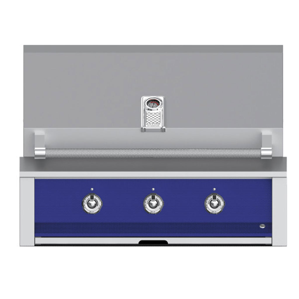 Built-in gas grill with blue front panel, four control knobs, and side ignition housing