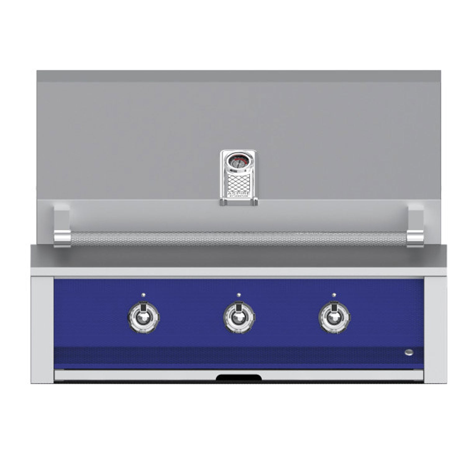 Built-in gas grill with blue front panel, four control knobs, and side ignition housing