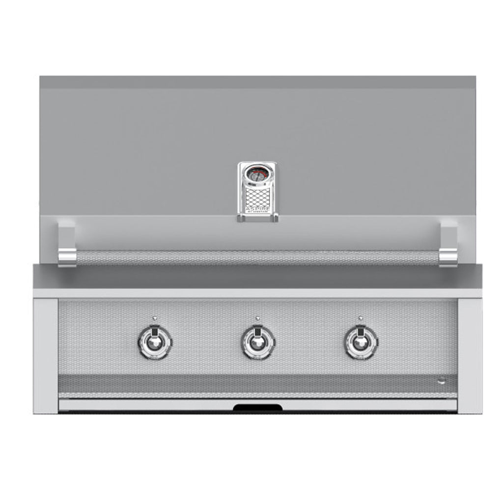 Built-in gas grill front panel with three control knobs and perforated metal burner cover