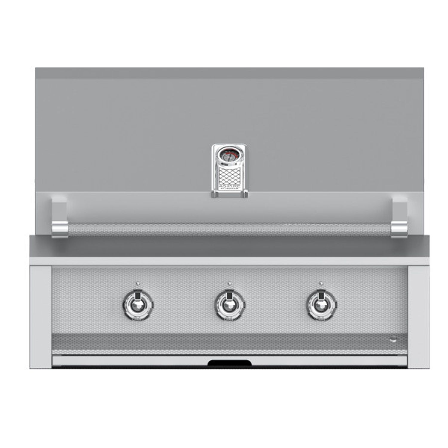 Built-in gas grill front panel with three control knobs and perforated metal burner cover