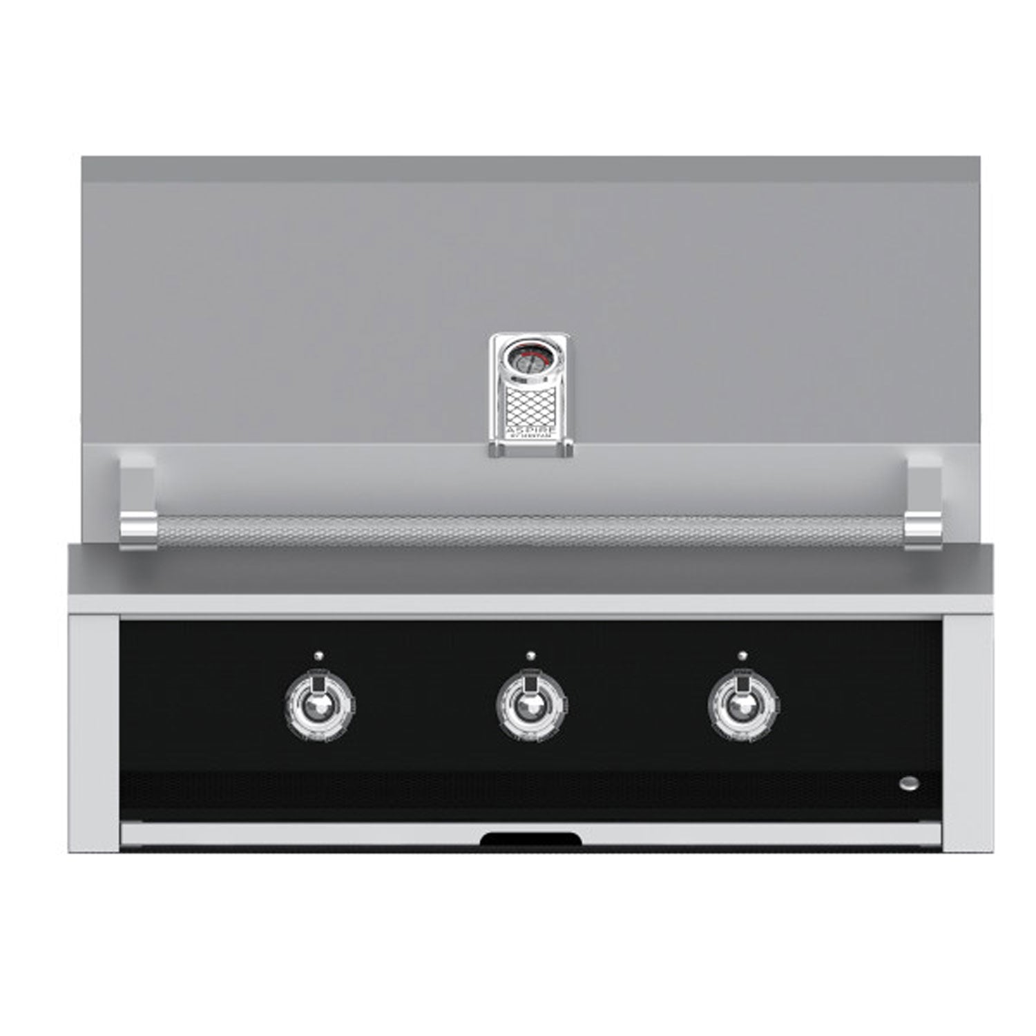 Built-in gas grill with dark front panel, four control knobs, and side ignition housing