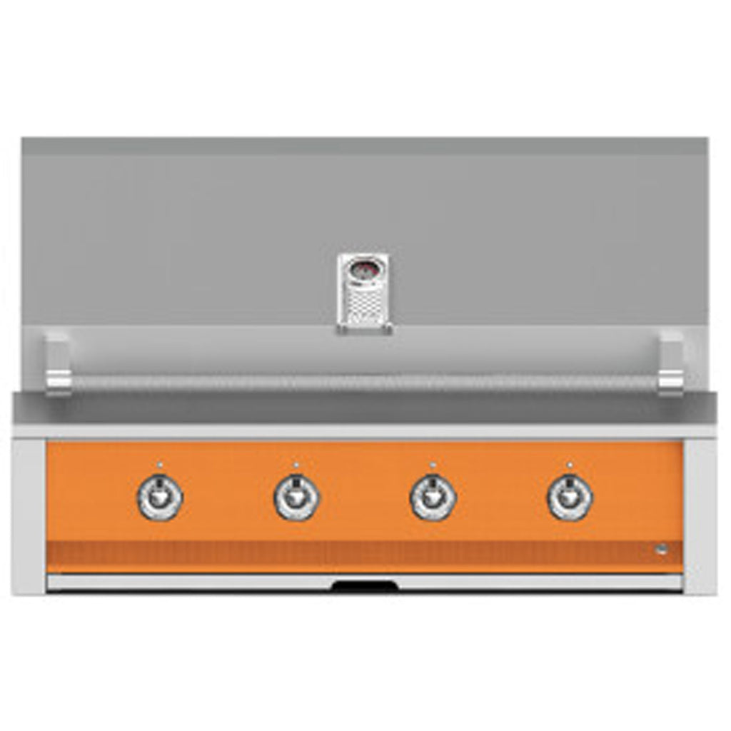 Built-in gas grill with four control knobs on an orange panel and stainless handle