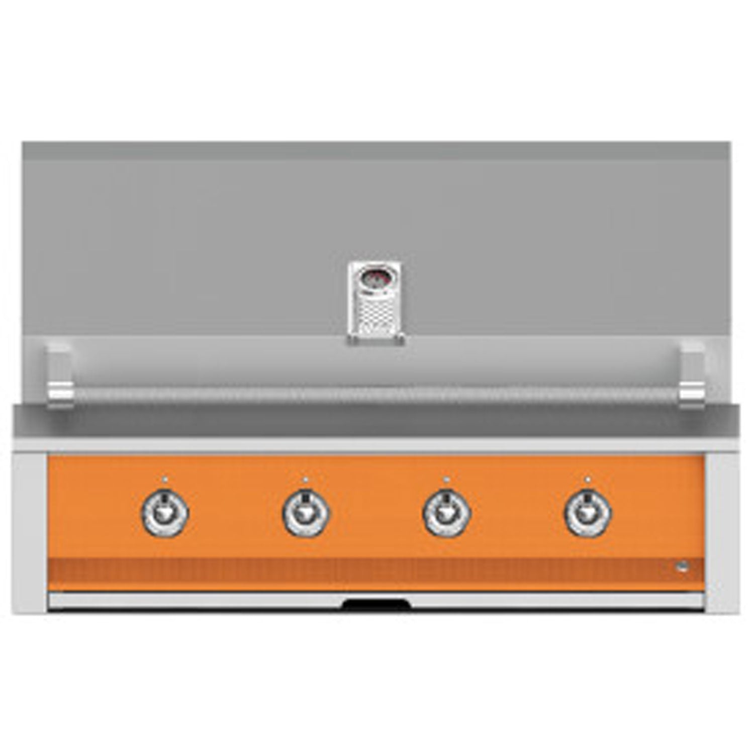 Built-in gas grill with four control knobs on an orange panel and stainless handle