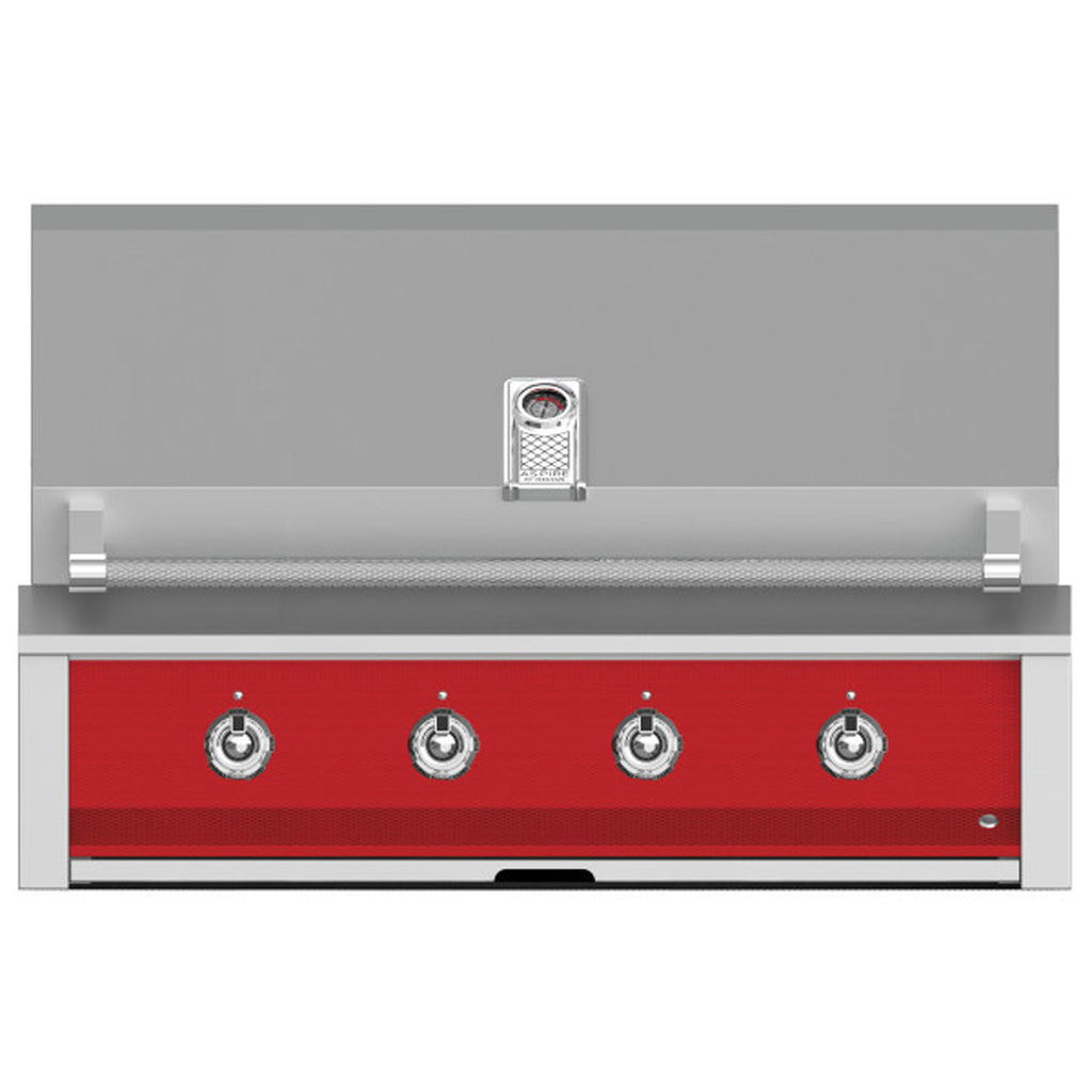 Built-in gas grill with four control knobs on a red panel and stainless handle