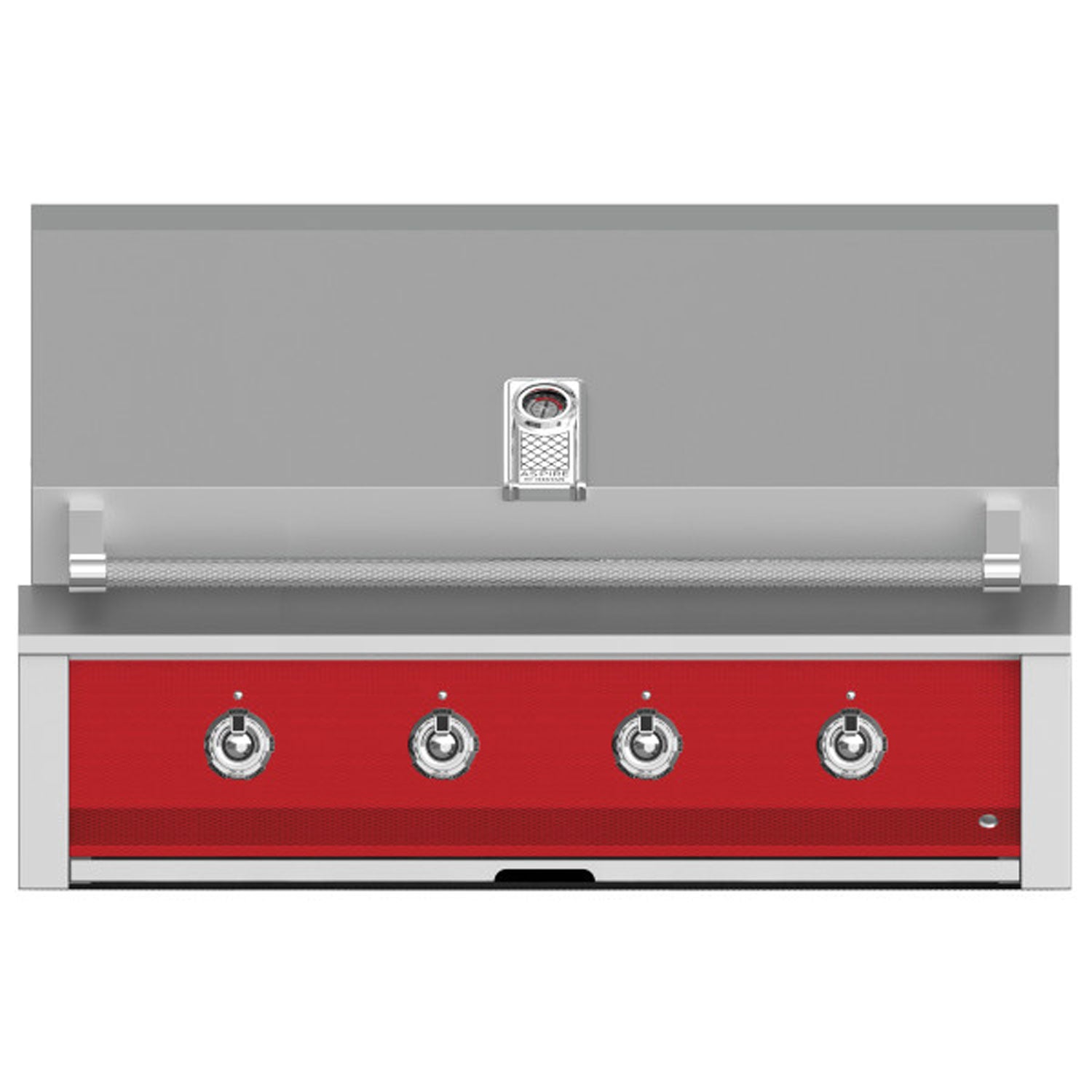 Built-in gas grill with four control knobs on a red panel and stainless handle