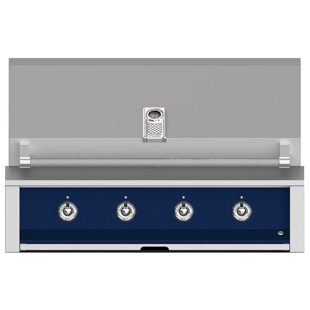 Built-in gas grill with four control knobs on a dark blue panel and stainless handle