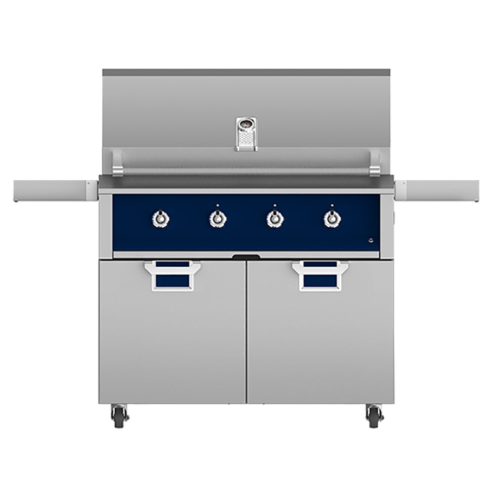 Freestanding gas grill with dark blue control panel, four knobs, side shelves, and two doors