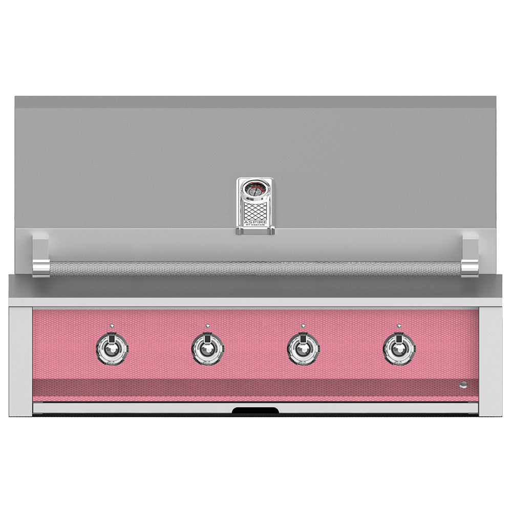 Built-in gas grill with four stainless control knobs and pink burner panel