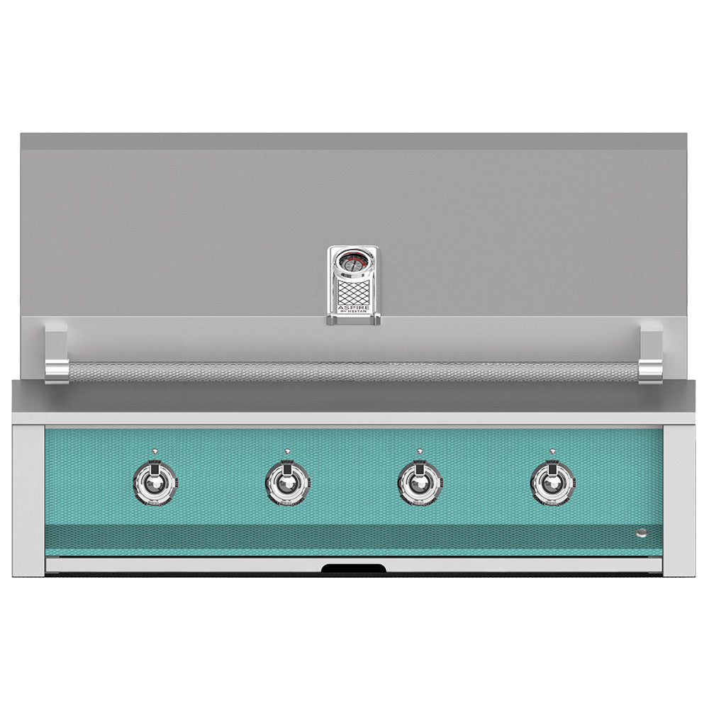 Built-in gas grill with four stainless control knobs and teal burner panel