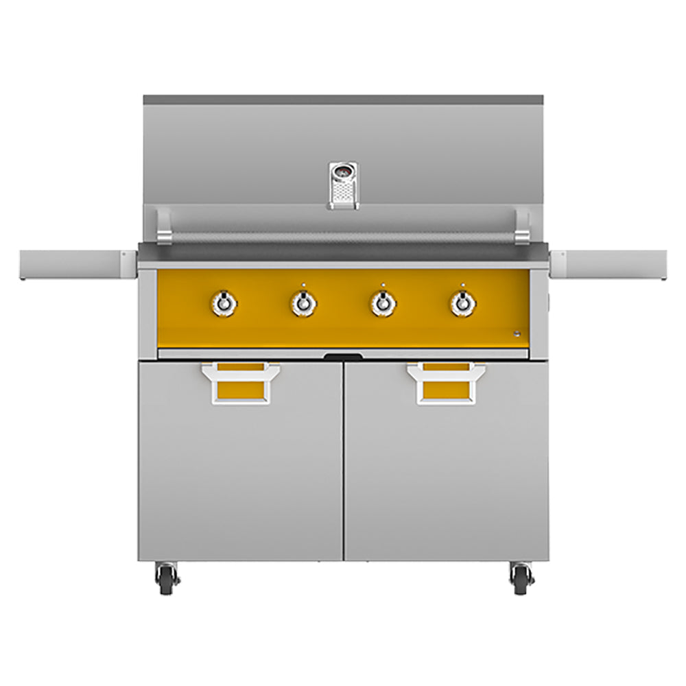 42-inch freestanding gas grill with amber control panel and four control knobs