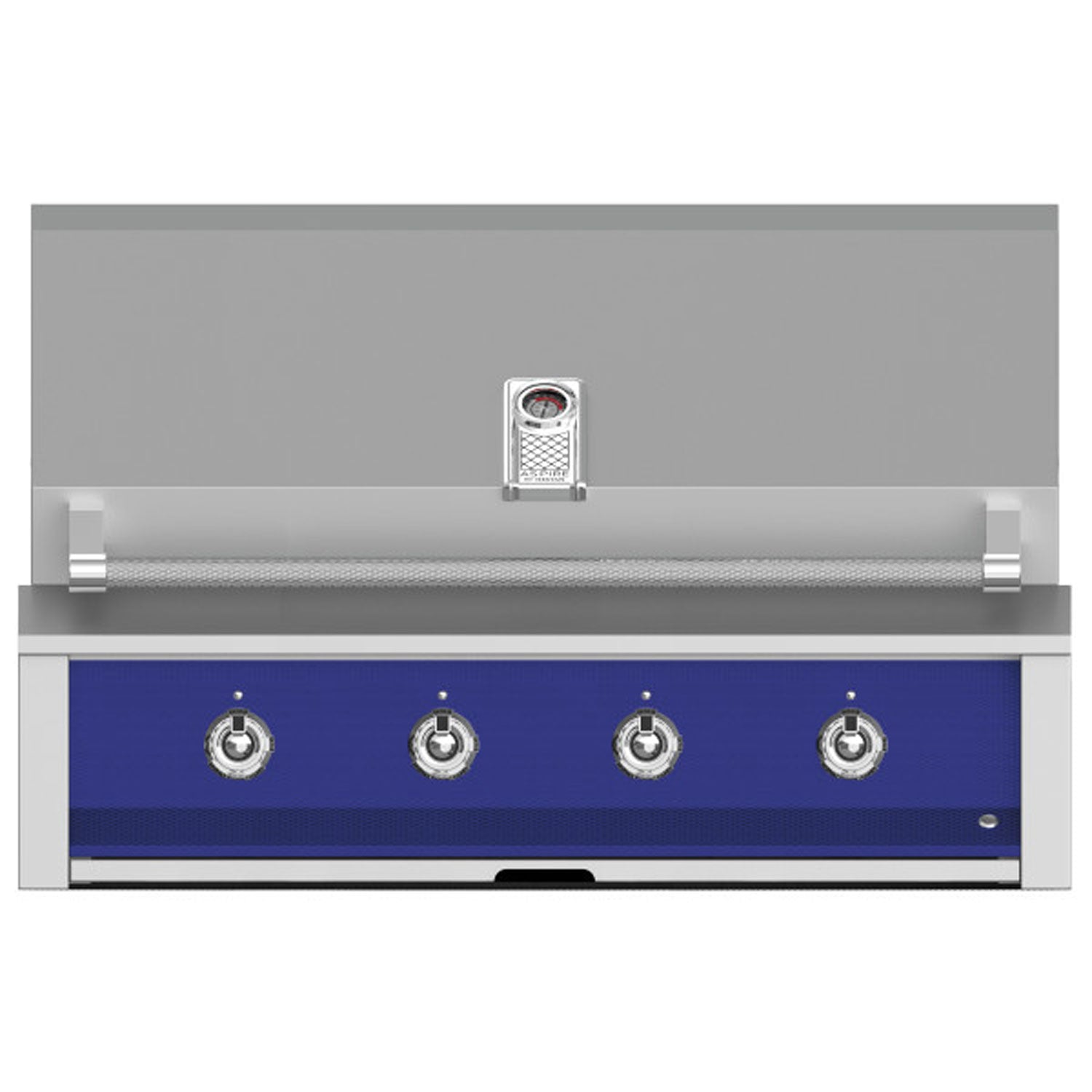 Built-in gas grill with four control knobs on a blue panel and stainless handle