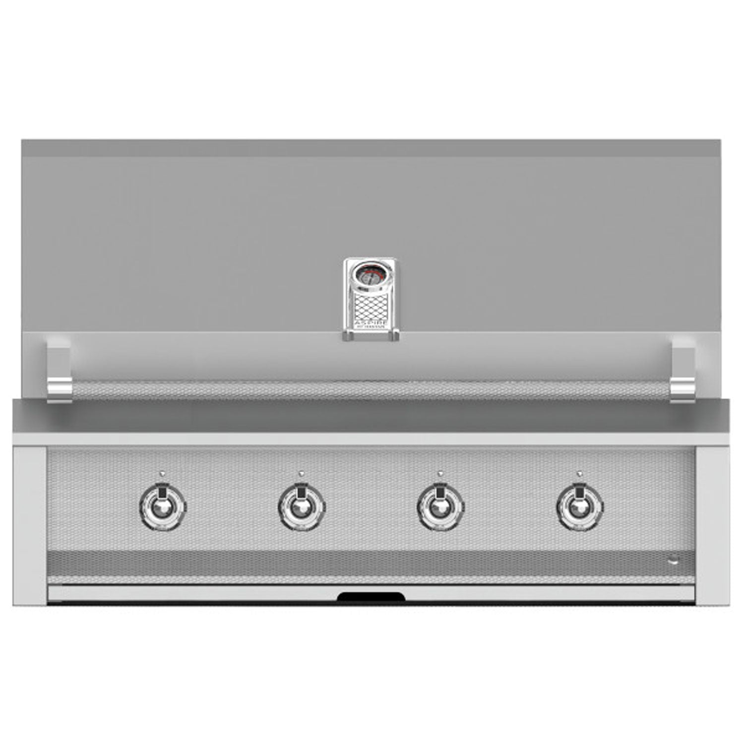 Built-in gas grill front view with four control knobs and central ignition panel.