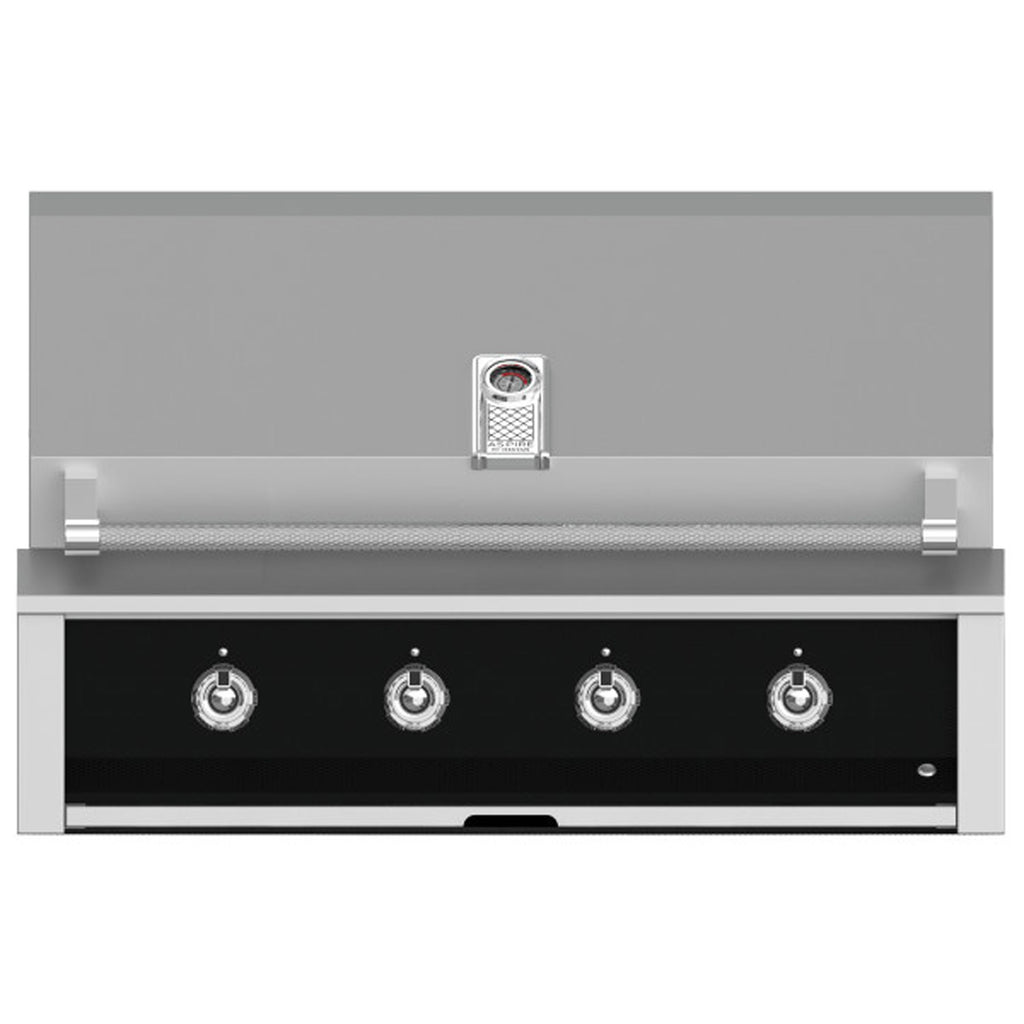 Built-in gas grill with four control knobs on a dark panel and stainless handle