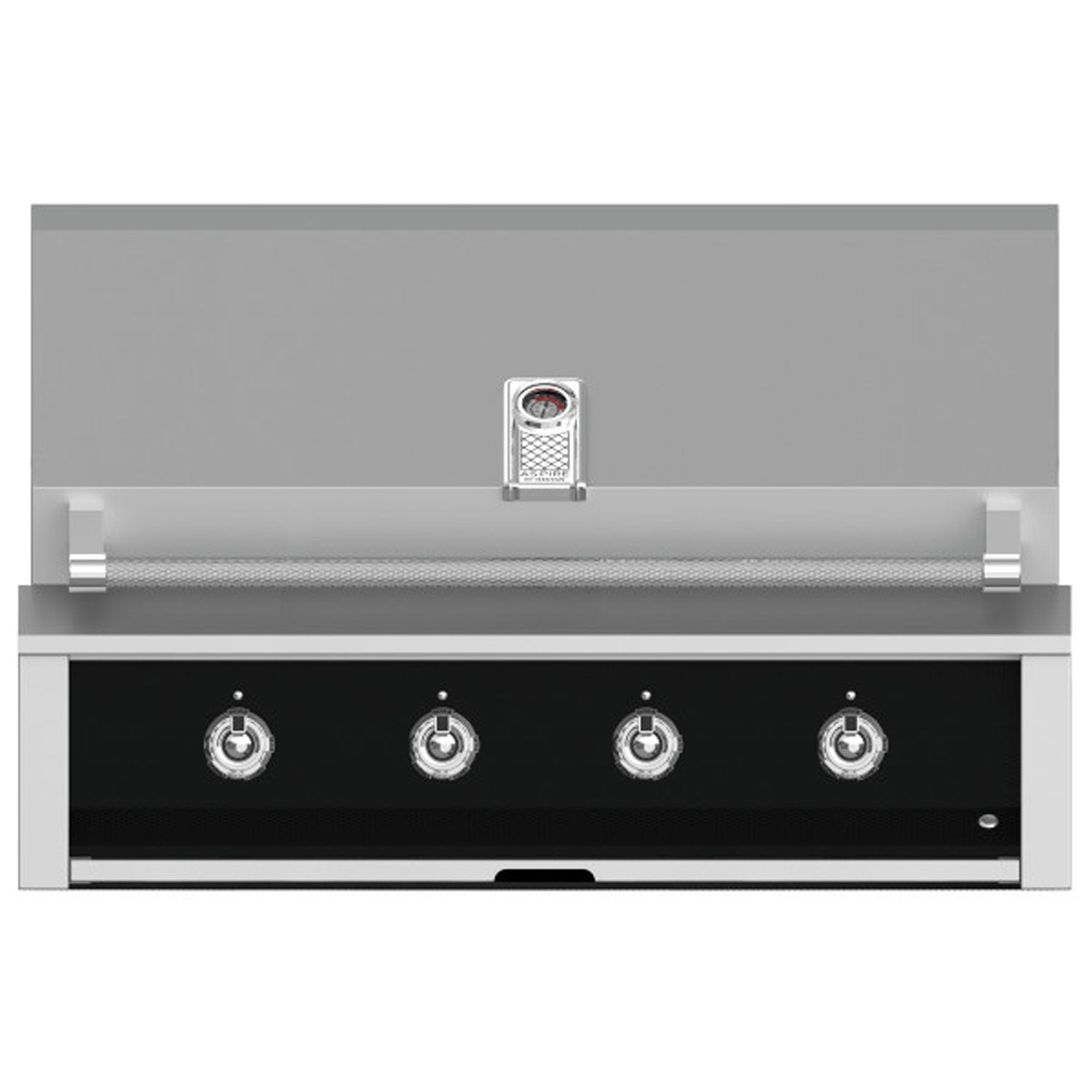 Built-in gas grill with four control knobs on a dark panel and stainless handle