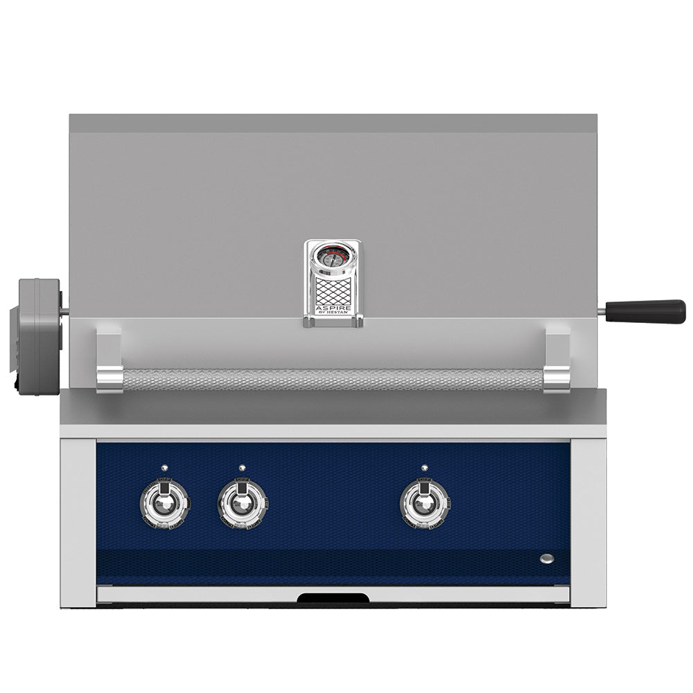 Built-in gas grill with stainless frame, dark blue front panel, three control knobs