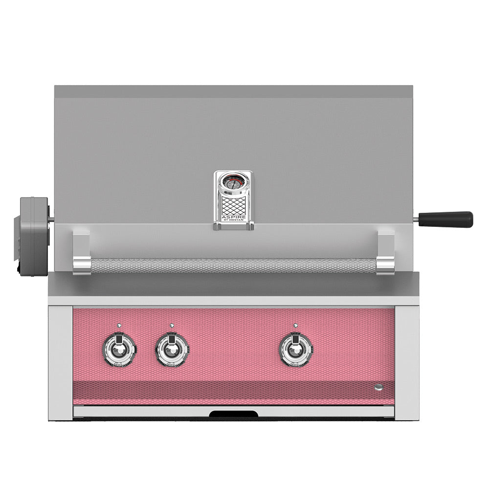 Aspire by Hestan built-in gas grill with pink control panel and three knobs