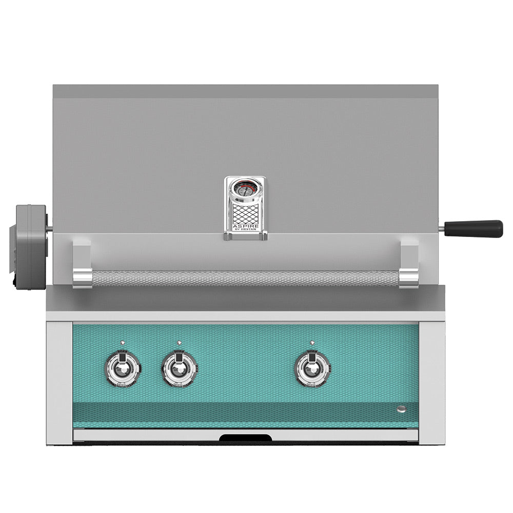 Aspire by Hestan built-in gas grill with teal control panel and three knobs