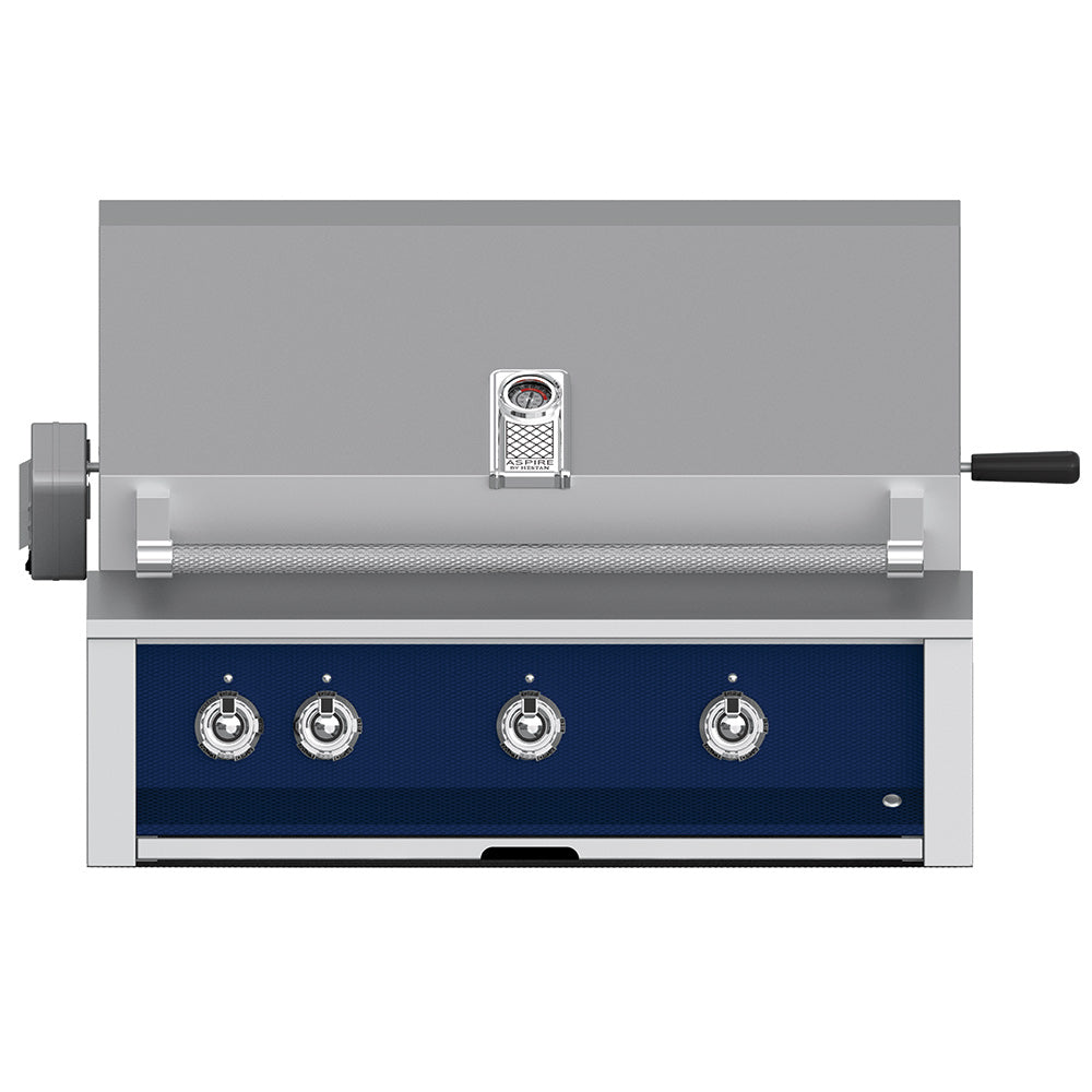 Built-in gas grill with blue front panel, four control knobs, and side ignition housing