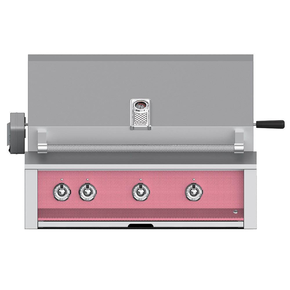 Built-in gas grill by Hestan, stainless front with four control knobs, red burner panel