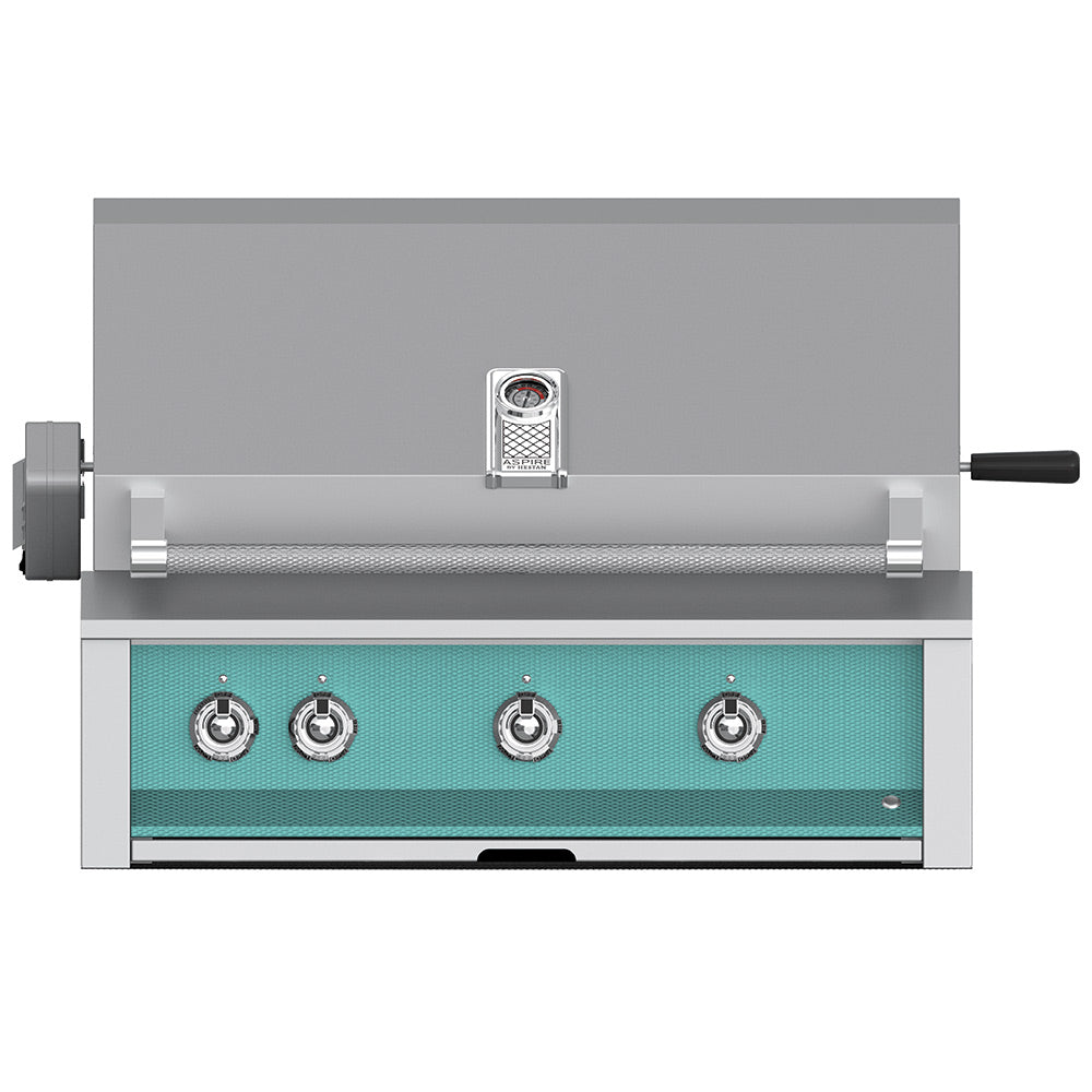 Built-in gas grill by Hestan, stainless front with four control knobs, teal burner panel